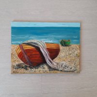 Картина с маслени бои Лодки, море, плаж, снимка 2 - Картини - 26880243