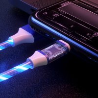  Универсален, светещ, троен кабел с накрайници за iPhone / TYPE C / microUSB , снимка 6 - USB кабели - 42995345