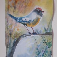 Картина: "Птиче върху клон", снимка 1 - Картини - 32472614