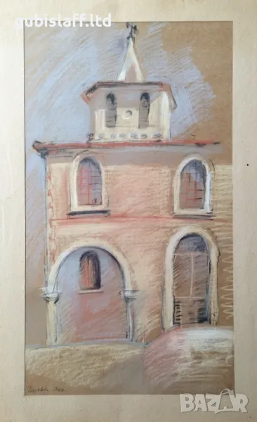 Картина, пейзаж, църква, худ. Силва Тод., 1980-те год., снимка 1