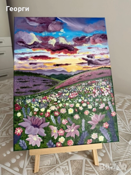 Ръчно рисувана картина – „Цветна долина при залез“, снимка 1