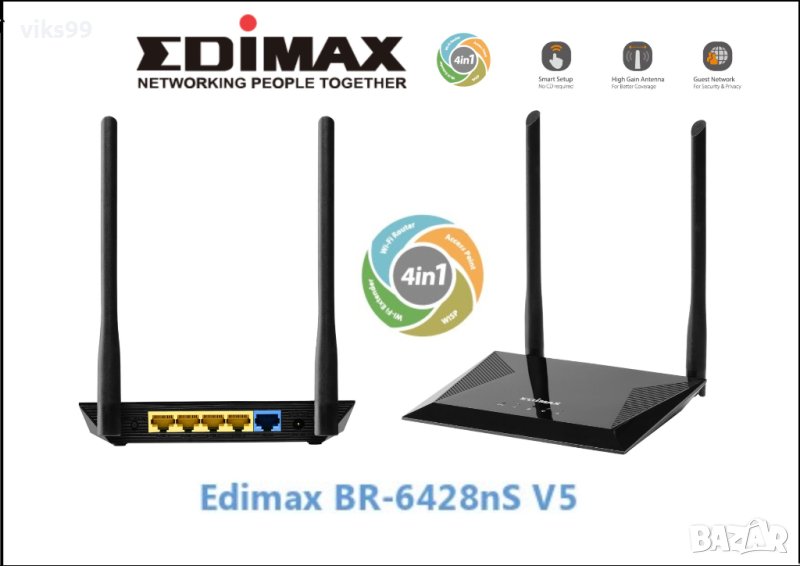 EDIMAX BR-6428nS V5 4-в-1 N300 Wi-Fi Рутер , снимка 1