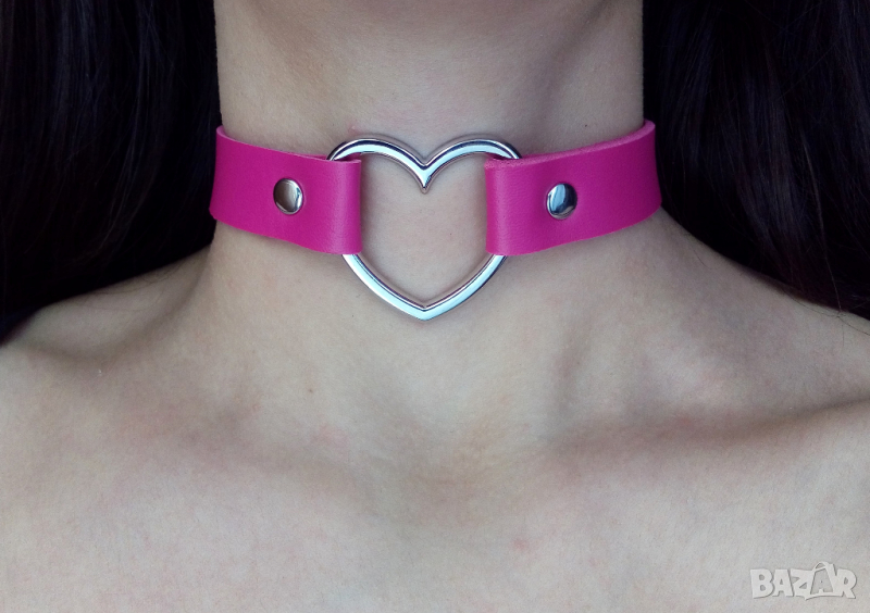 Кожен чокър със сърце в розов цвят, снимка 1