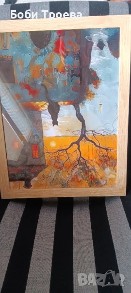 Ретро и съвременно платно - Изкуство "Черна котка и изгрев" с ярки оранжеви листа,, снимка 1