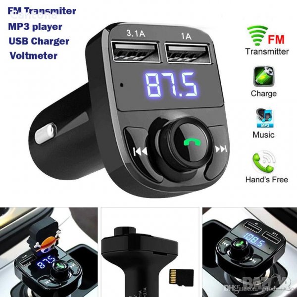 FM трансмитер X8 5 в 1: MP3, Волтметър, USB charger, SD memory, хендсфри, 12-24V, снимка 1