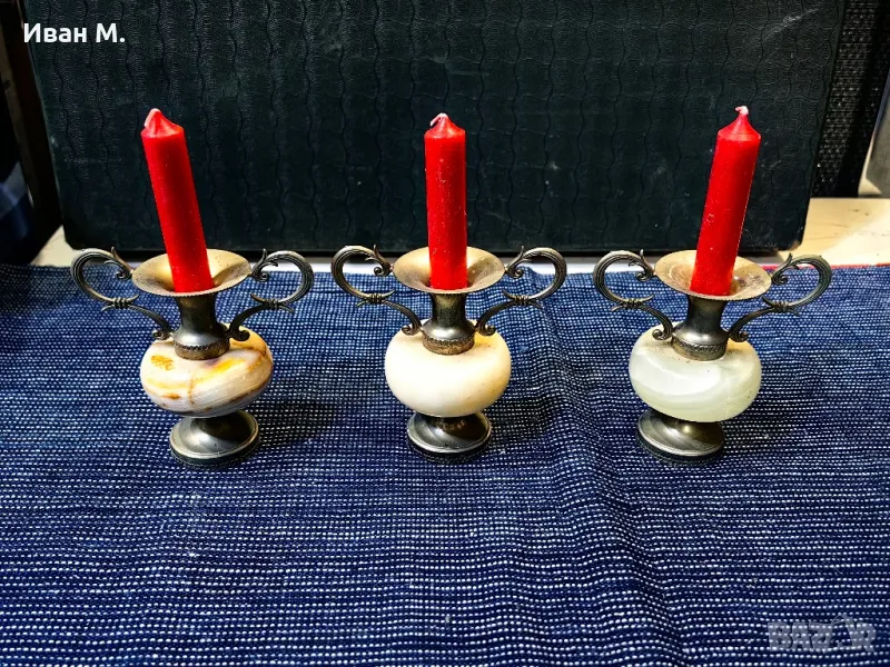 стари просребрени свещници с камък оникс , снимка 1