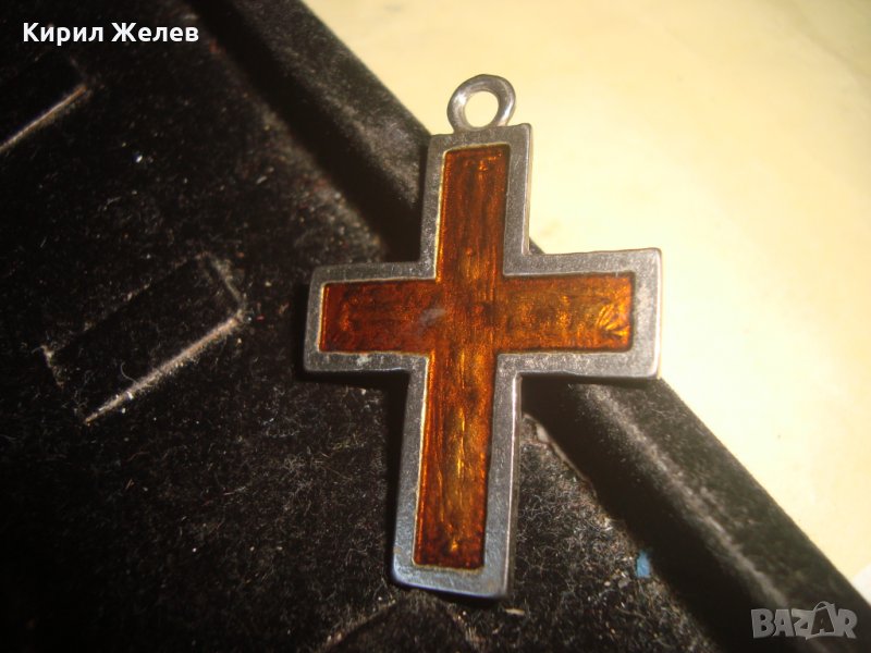 ДВУСТРАННО ЕМАЙЛИРАН АРТ ПОСРЕБРЕН МЕТАЛЕН КРЪСТ МЕДАЛЬОН 22238, снимка 1