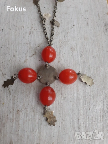 Стар възрожденски накит гердан колие сачан червено стъкло, снимка 2 - Антикварни и старинни предмети - 53371024