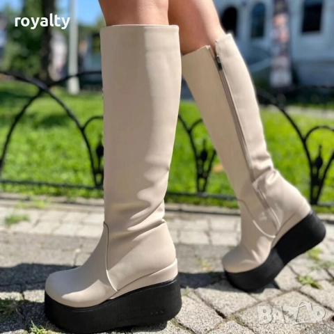 Ботуши на платформа - бежова кожа с черно ходило