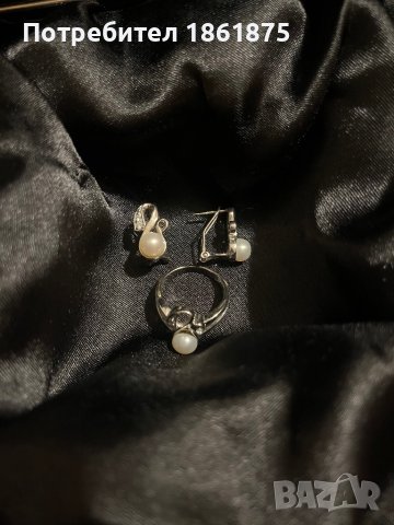 Нежен сребърен комплект обеци и пръстен с бели перли и цирконий, снимка 3 - Обеци - 42968361