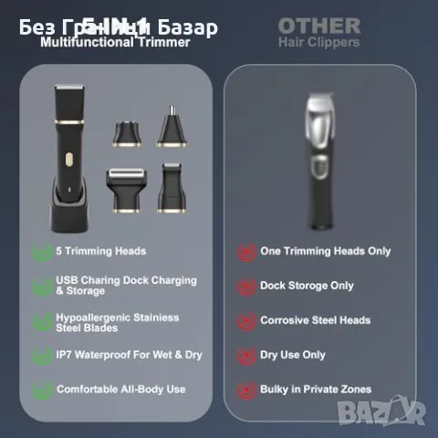 Нов мъжки Електрически тример за тяло и брада – IPX7, 5 приставки, черен, снимка 6 - Тримери - 49684843