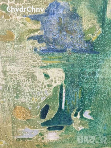 70х40см/абстрактна стара картина масло върху платно/ексресионизъм/зелена вода/дървена рамка, снимка 4 - Картини - 51432205