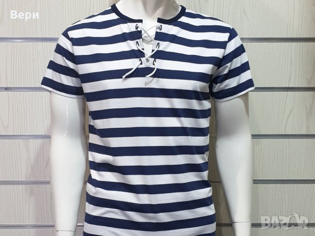 Нова мъжка моряшка тениска с връзки на тъмносиньо/бяло райе, снимка 6 - Тениски - 27950602