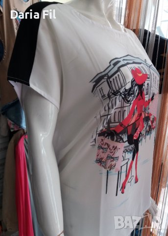 КРАСИВА бяла блуза с червена щампа и леко отворен гръб, снимка 4 - Тениски - 39967489