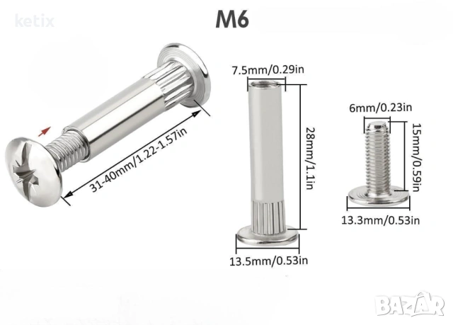 Мебелни свързващи винтове,50 бр., M6 x 31-40 мм, снимка 2 - Други - 53513392