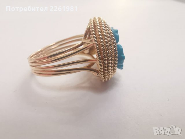 Продавам златен пръстен с диаманти и тюркоаз, снимка 4 - Пръстени - 35559356