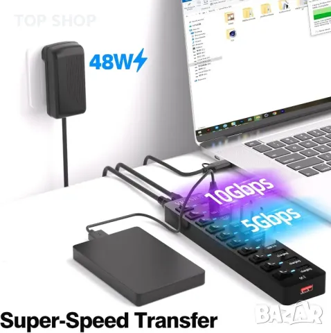 Захранван USB хъб, VKUSRA 11-портов USB 3.2/USB C хъб с 10Gbps USB-A и 2 USB C 3.2 порта, снимка 5 - Друга електроника - 49457547