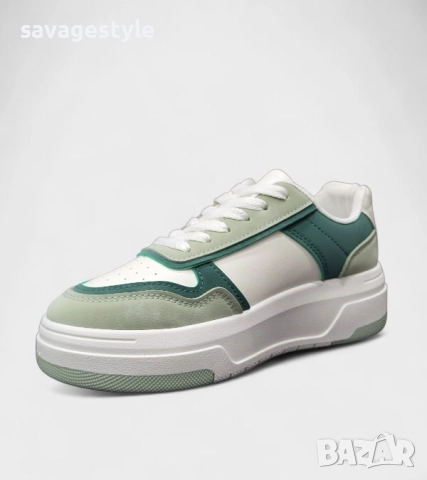 Дамски маратонки с връзки бяло и зелено  