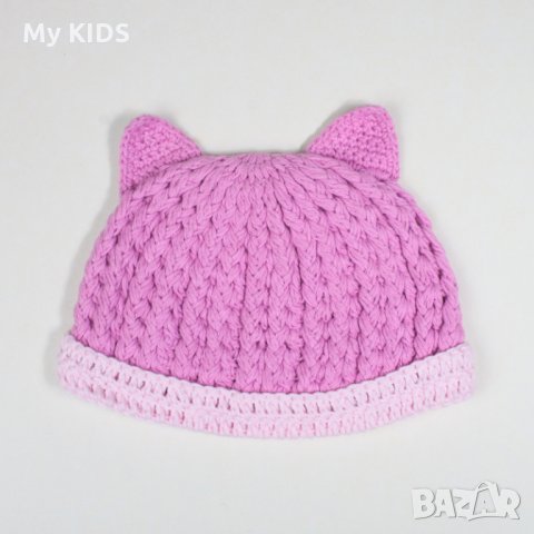 бебешка шапка с ушички плетка памук ръчна изработка, снимка 2 - Бебешки шапки - 28454737