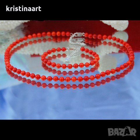 Колие и гривна от червен корал,сребро,6mm, снимка 2 - Колиета, медальони, синджири - 26906586