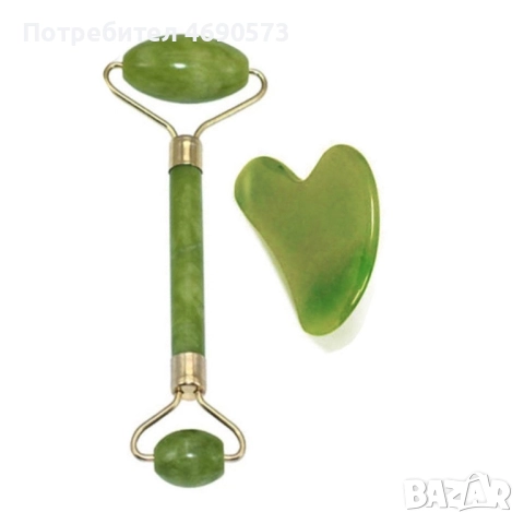 Нефритен масажор за лице с 2 ролки, в комплект с плосък нефритен камък , снимка 2 - Масажори - 52891447