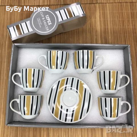 Луксозен комплект от 6 броя чаши за кафе с чинийки, снимка 1 - Чаши - 44027537