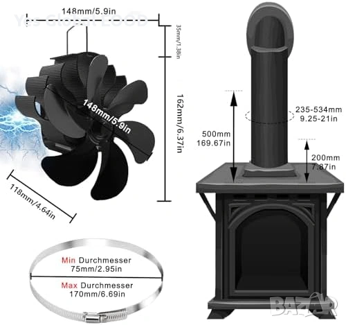 Магнитен вентилатор за комин 6 перки без ток GB6DC, снимка 7 - Други стоки за дома - 53338603
