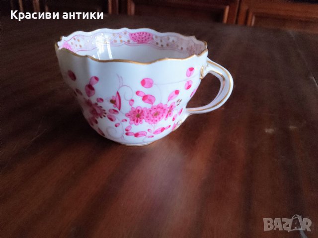 Meissen 1815 - 1860 година Pink Indian Flower Gold колекционерска чаша от порцелан  , снимка 1 - Антикварни и старинни предмети - 43452694