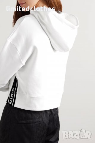 BALMAIN White Cropped Flocked Logo Дамски Суичър / Горнище size L и XL, снимка 6 - Суичъри - 40089765