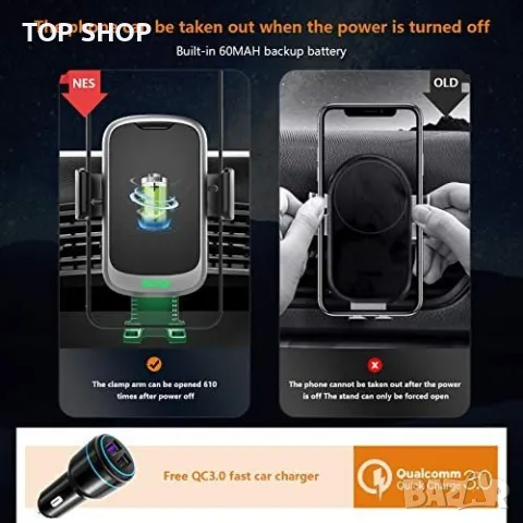 Ново 15W безжично зарядно за кола автомобил универсална Стойка телефон, снимка 3 - Селфи стикове, аксесоари - 49265205