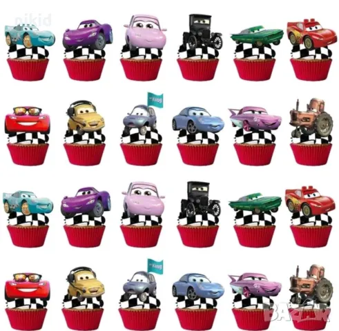 24 бр Макуин Маккуин колите коли McQueen cars къси остри картонени топери топер торта мъфини кексчет, снимка 2 - Други - 48952014