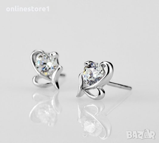 Сребърни Обеци Диамантено сърце - 925 печат сребро BA237, снимка 3 - Обеци - 28148025
