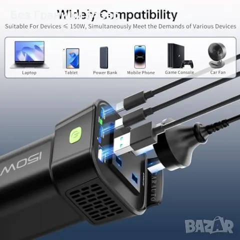 Нов Инвертор за кола автомобил 150W 12V към 220V с USB-C PD и UK контакт, снимка 4 - Друга електроника - 49591705