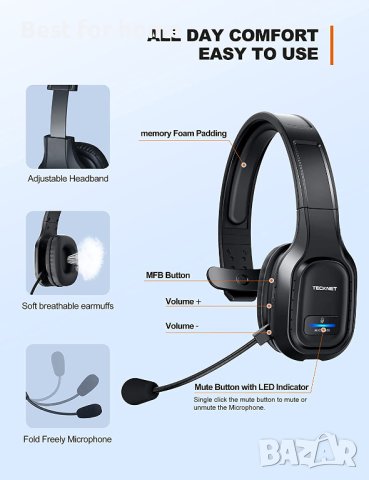TECKNET Trucker Bluetooth слушалка с шумопотискане на микрофон,55H Hands Free, снимка 7 - Слушалки и портативни колонки - 40665857
