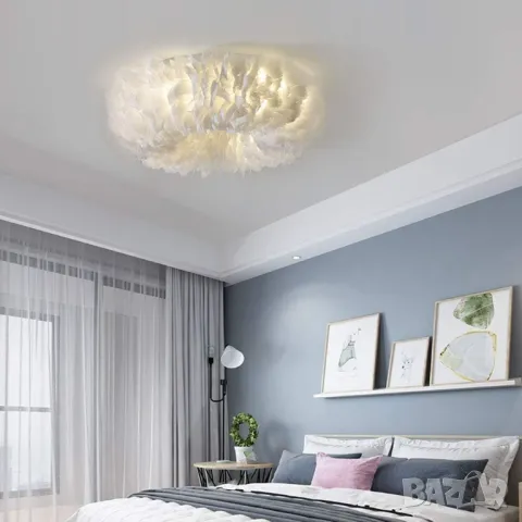 Полилей Таванна лампа Полилей с бяло перо, Модерни LED осветителни, снимка 5 - Лампи за таван - 48970731