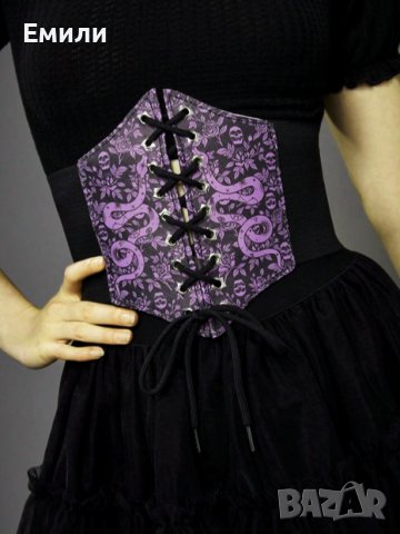 Черен корсет колан за талия с връзки в лилав/розов принт черепи, рози и змии , снимка 3 - Корсети, бюстиета, топове - 43330587