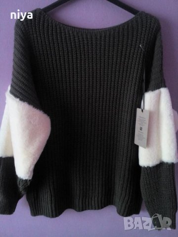Пуловер със естествен пух на ръкава в черно и зелено - ( М, Л и ХЛ), снимка 4 - Блузи с дълъг ръкав и пуловери - 26613300