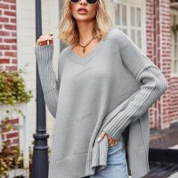 Дамски моден с голям размер секси пуловер с V-образно деколте, 2цвята - 023 , снимка 12 - Блузи с дълъг ръкав и пуловери - 43204764
