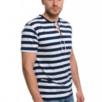 Нова мъжка моряшка тениска с връзки на тъмносиньо/бяло райе, снимка 2 - Тениски - 27950602