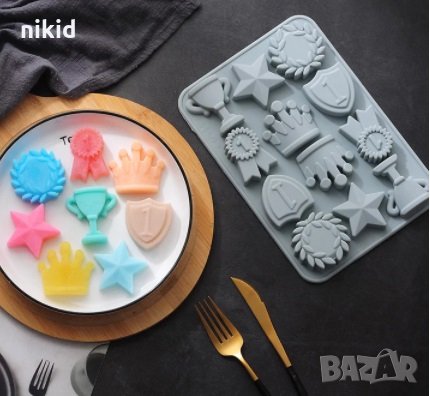 Купа Медал Значка Корона Звезда големи фигури силиконов молд форма фондан шоколад гипс, снимка 1