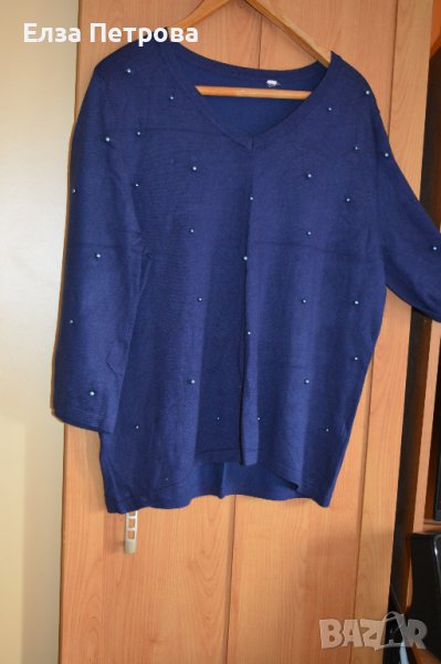 Тъмно синя блуза с перли и три четвърт ръкав, снимка 1