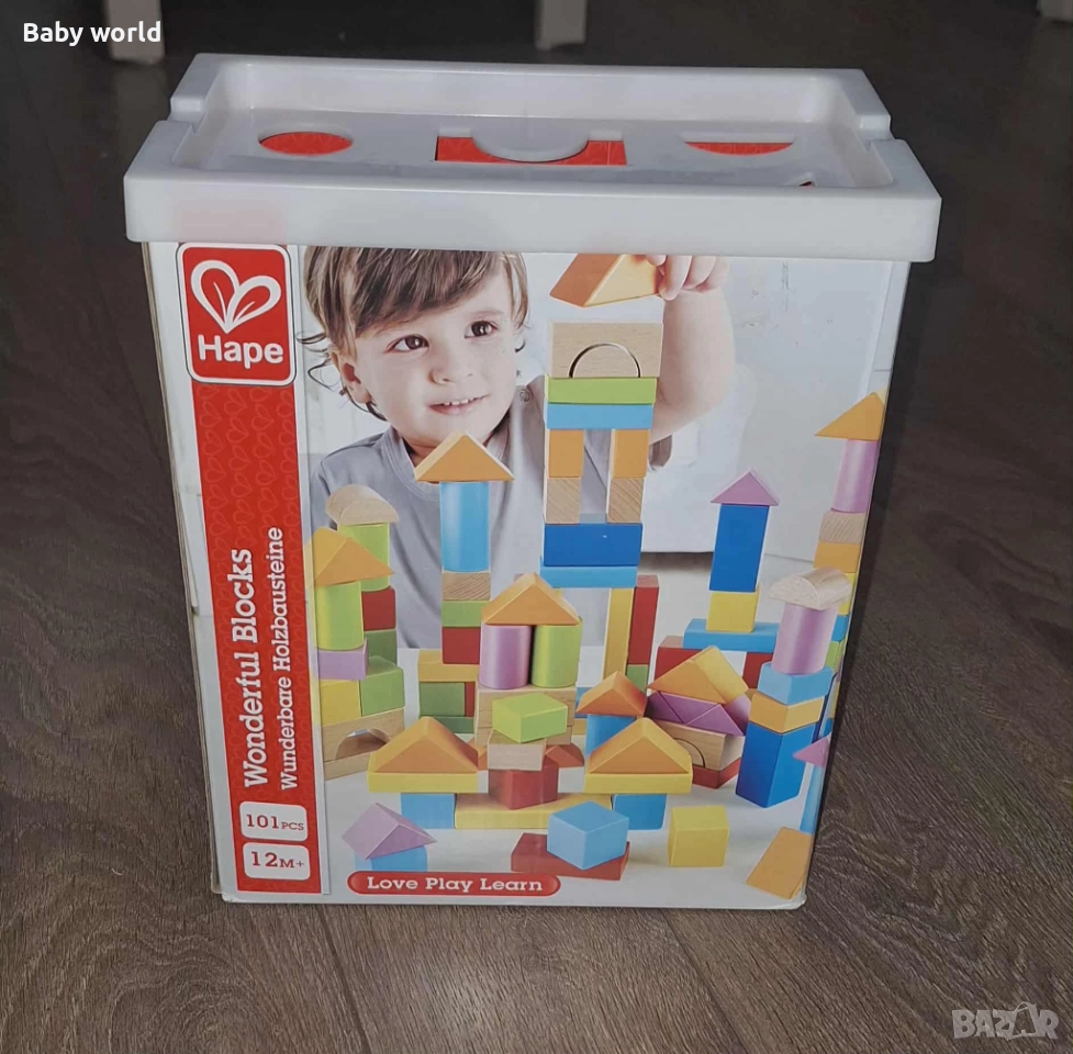 Дървени кубчета в кутия за сортиране Hape - 101 броя, снимка 1