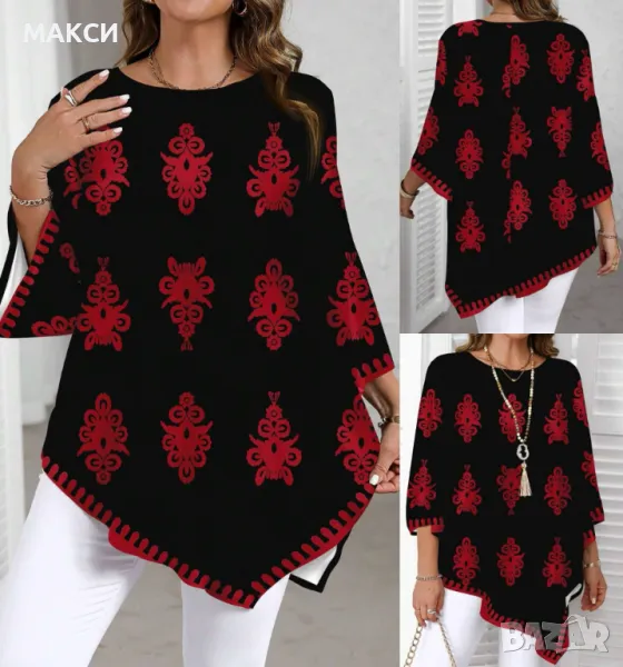 Макси модерна елегантна А-симетрична дълга ефирна туника с клоширани 3/4 ръкави в черно с червени еф, снимка 1