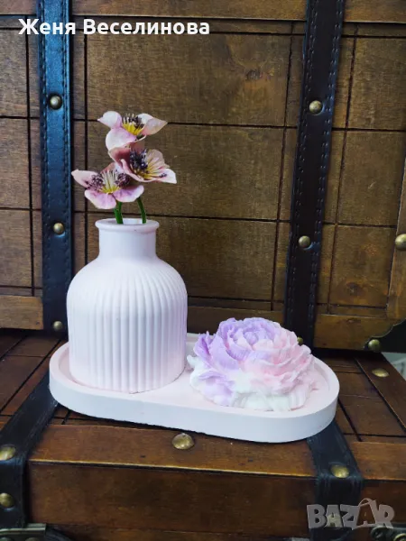 Комплект ваза с цветя и свещ цветя, снимка 1