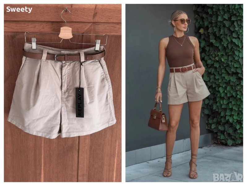 Replay чино къси панталони с висока талия в бежово кафяво, снимка 1