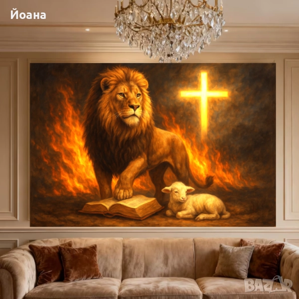 Християнска картина с лъва и агнецът Божий, снимка 1