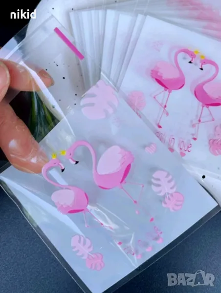 50 бр Фламинго опаковъчни пликчета торбички за дребни сладки ръчна изработка, снимка 1