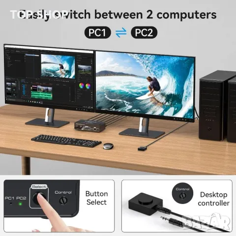 VEDINDUST KVM суич 2 монитора 2 компютъра 4K60HZ HDMI, 4 USB, настолен контролер, снимка 3 - Друга електроника - 49457602