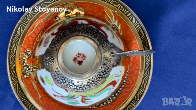 Китайска порцеланова чашка със сребърна дръжка и сребърен обков, снимка 3 - Антикварни и старинни предмети - 48011556