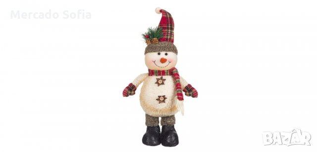 Коледна декоративна фигура, Снежен човек с Екрю костюм, Карирана шапка 40см , снимка 1 - Декорация за дома - 34747339